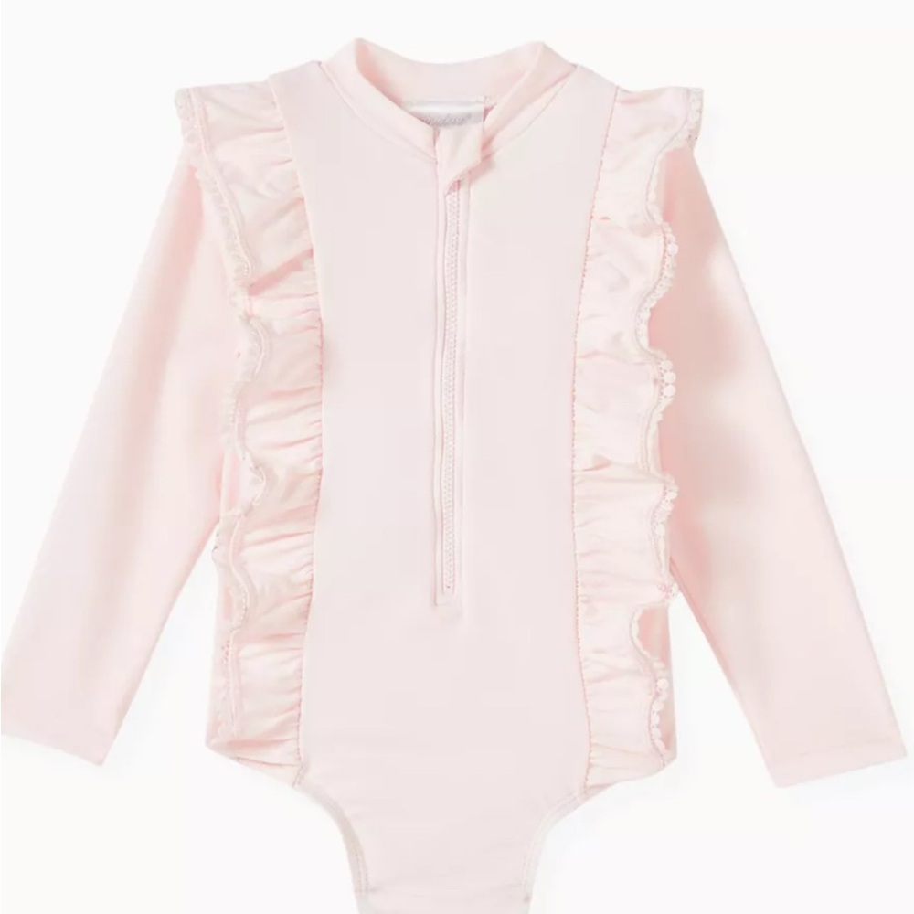 Miniclasix Girl's Long Sleeved Embroidered Trim Swimsuit, Size 3-6 Months